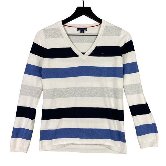 Tommy Hilfiger Women's Striped V-Neck Sweater‎ Small Multicolor Long Sleeve - Picture 1 of 7